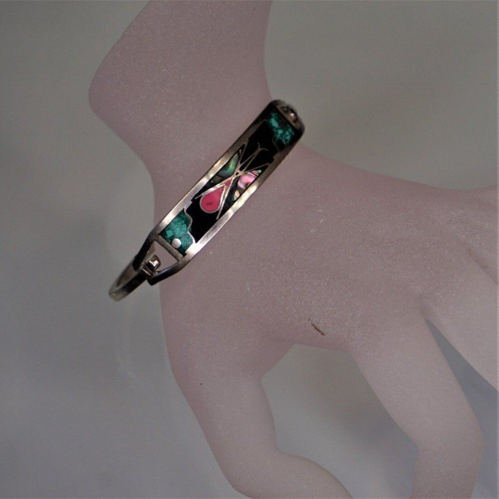 Vintage Taxco Alpaca Sterling Silver Abalone Inlaid Hinge Cuff Bracelet Mexico